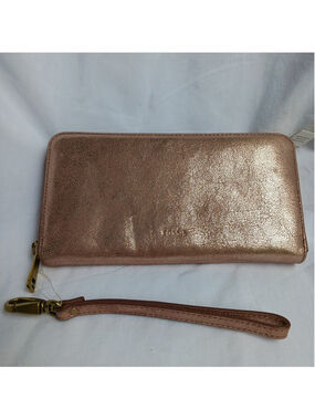 Fossil Rose Gold Leather Zip-Around Credit Card Wallet Wristlet NEW RFID
